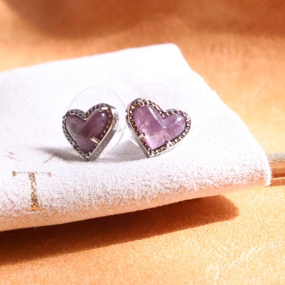 Kendra Scott Ari Heart Stud Earrings 🎀 Silver Amethyst - Picture 2 of 2